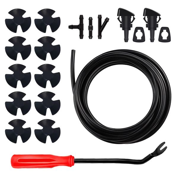 Windshield Washer Nozzles Hose Kit-4M Washer Fluid Hose,3 Pcs Hose Connectors,10 Hood Insulation Retainers,Washer Spray Nozzle OEM#5116079AA and Gaskets,Compatible with Dodge,Ram,Chrysler