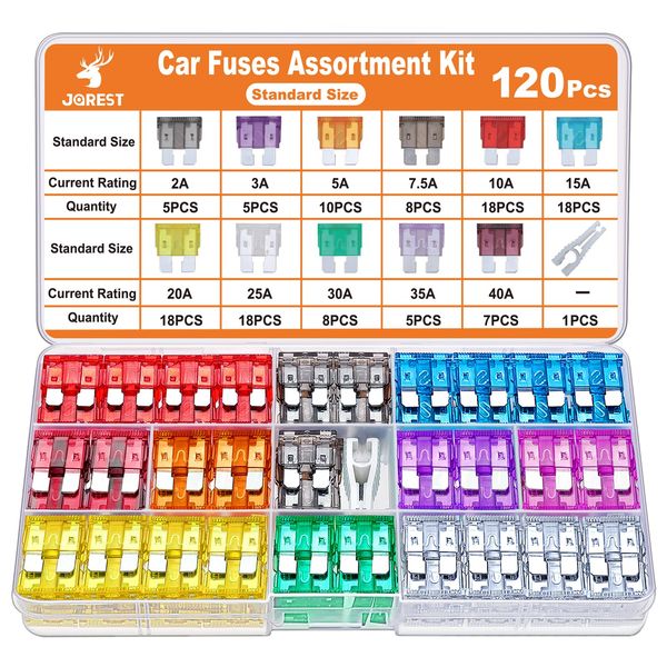 JOREST 120Pcs Car Fuse Kit - Replacement Fuses Assortment Kit for Car/RV/Truck/Motorcycle(2Amp 3A 5A 7.5A 10A 15A 20A 25A 30A 35A 40A) - Standard Blade Fuses Automotive + Auto Fuse Puller