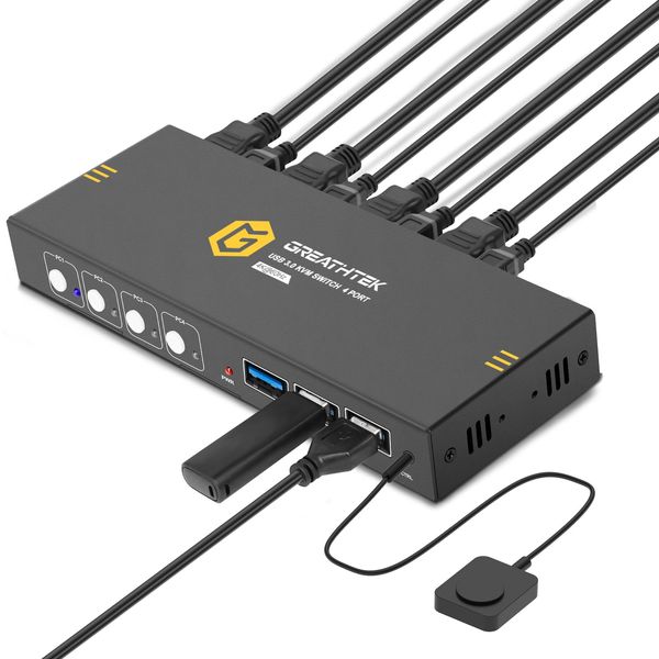 4K KVM Switch HDMI, Full USB 3.0 Port, 4 PC Computers Share One Monitor, KVM 4 Input Switcher, Supports 4K@60Hz, Button and Wired Remote Control, No Drivers Required, Plug and Play