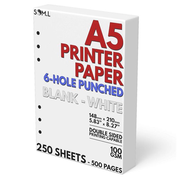 A5 Blank Paper 6-Hole Punched, 250 Sheets (500 Pages), 100 GSM, Printer Paper 148mm x 210mm (5.83 in. x 8.27 in.)