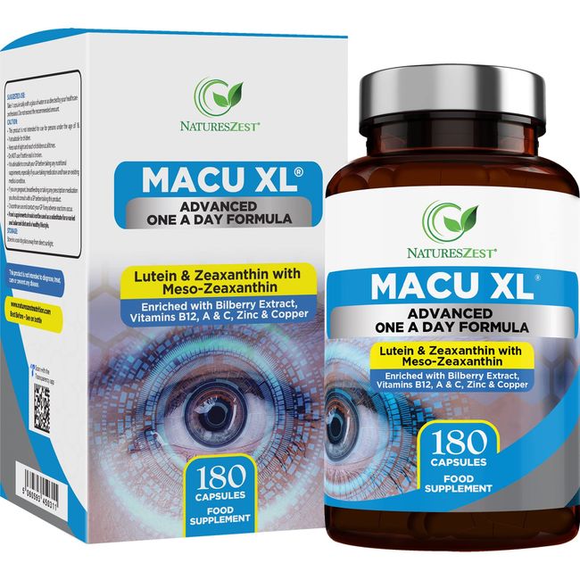 Macu XL - Lutein and Zeaxanthin Supplement - 6 Month Supply with Meso Zeaxanthin, Bilberry Extract, Vitamins A, B12 & Zinc, 180 Vegan Capsules - Eye Supplement for Vision Health – Eye Vitamins