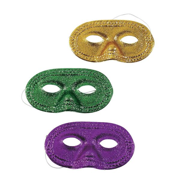 Fun Express Mardi Gras Glitter Half Masks (1 Dozen) - Apparel Accessories - 12 Pieces
