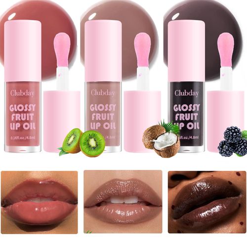 Domality Lucido Frutta Lip Oil Set, 3 Pezzi Rosa/Nudo/Traslucido Nero Lip Gloss, Rimpolpante Nutriente Idratante a Lunga Durata Lip Makeup Set