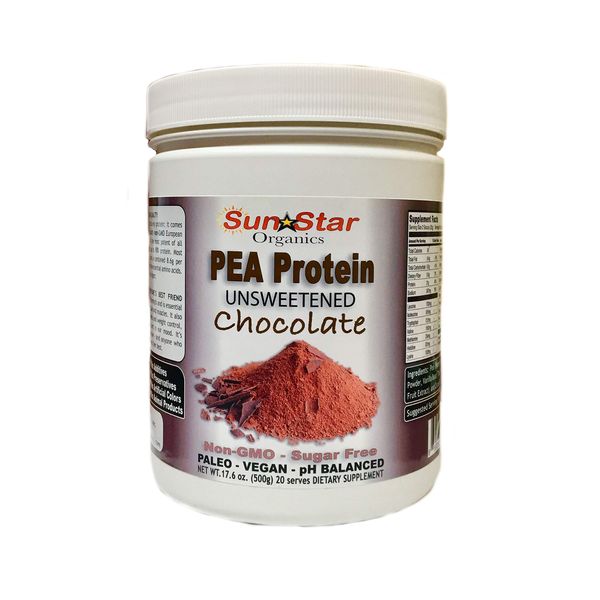 Sun Star Organics Pea Protein Powder - Unsweetened - Chocolate with Cocoa Powder & Vanilla Bean - Soy Free, Non-GMO 17.6 oz