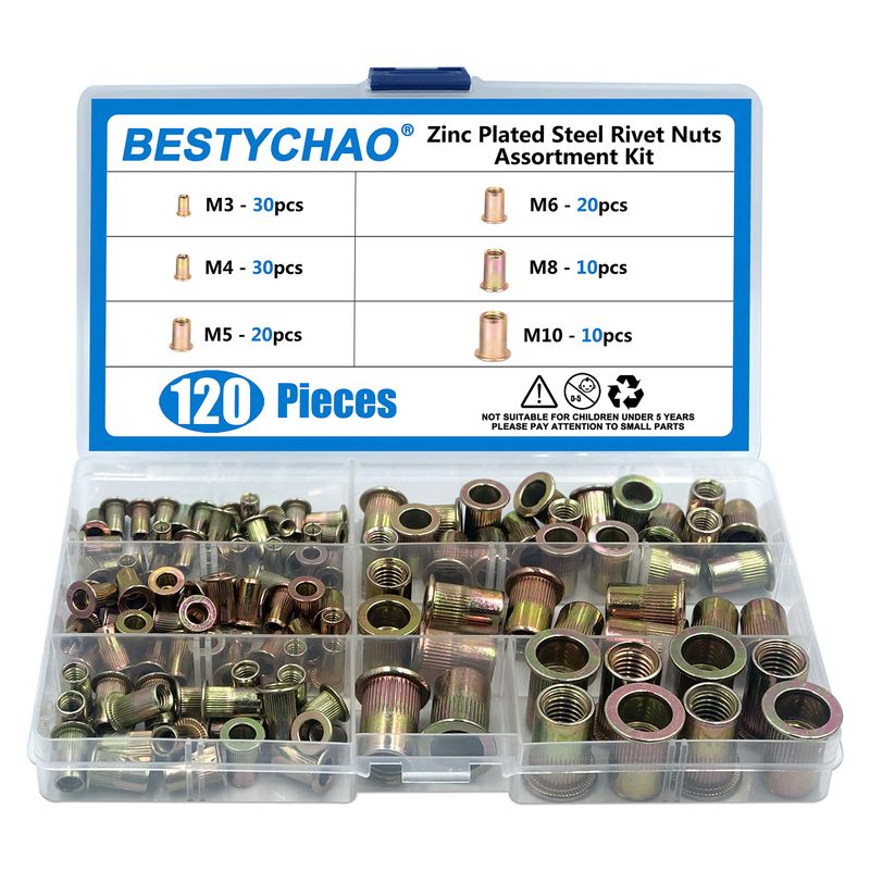 BESTYCHAO Rivet Nut, 120pcs Zinc Plated Steel Flat Head Threaded Insert ...