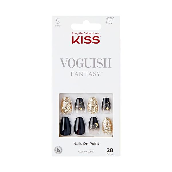 KISS Voguish Fantasy, Press-On Nails, Nail glue included, Hush Rush', Black, Short Size, Coffin Shape, Includes 28 Nails, 2g Glue, 1 Manicure Stick, 1 Mini file