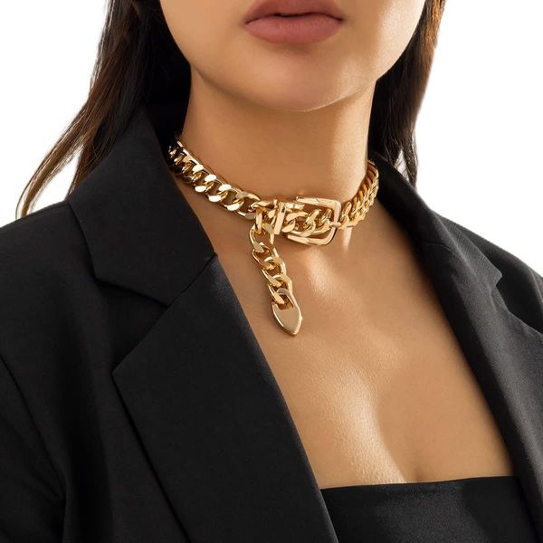 Kercisbeauty Gold Statement Belt Style Chunky Chain Choker Necklace for Women Girls Punk Jewelry for Special Occasion (Gold)