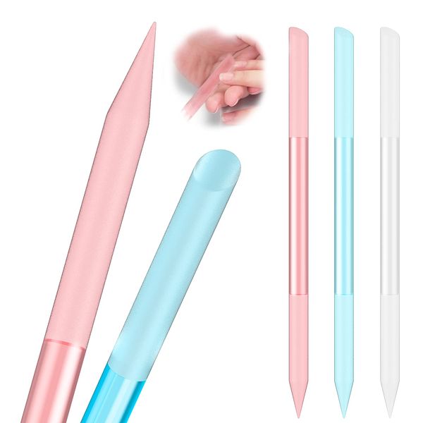 3 Pcs Glass Cuticle Pusher Nail File Cuticle Manicure Stick Remover Cuticle Tool Set Double Sided Crystal Glass With Grit Cuticle Care Stick for Women Girls Nail Salons Homes(Pink,Blue,Transparent)