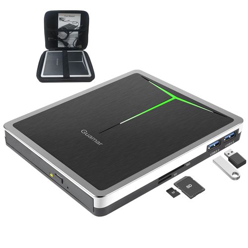 Guamar External CD DVD Drive: Portable USB-C Burner for Laptop PC Mac Windows 11 with SD/TF Slot/2 USB Ports/Carrying Case - Plug & Play - High-Speed Read Write Music/Movie/Video