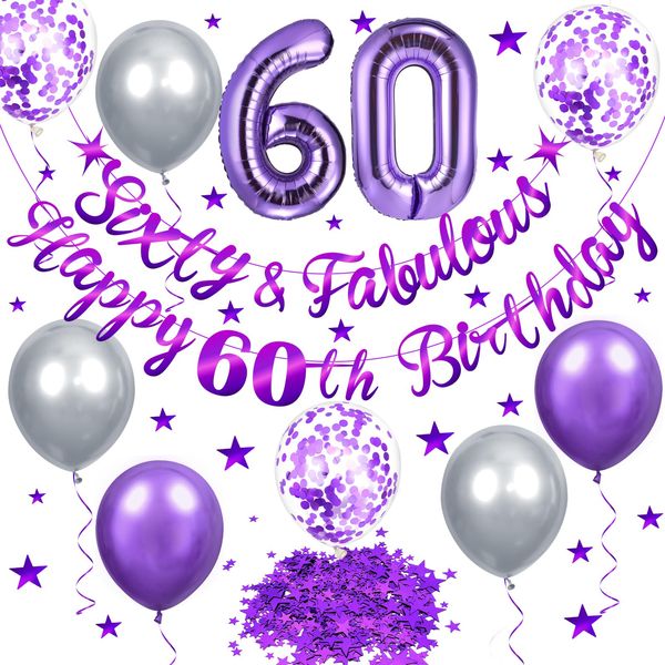 Purple 60th Birthday Decorations Purple Silver Sixty & Fabulous Happy 60th Birthday Banner Latex Balloons Number 60 Foil Balloon Table Confetti Decor for Women 60th Birthday Anniversary Party Supplies