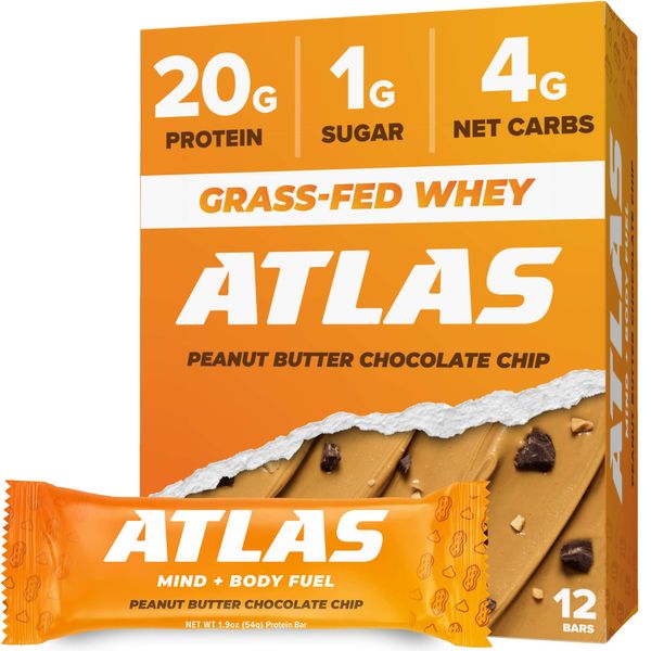 Atlas Protein Bar, 20g Protein, 1g Sugar, Clean Ingredients, Gluten Free (Peanut Butter Chocolate Chip, 12 Count (Pack of 1))