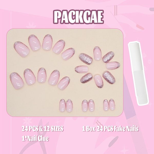 24pcs Short Square False French Tip False Nails Stick on Nails Glitter Press on Nails Removable Glue - on Fake Nails Acrylic Full Cover Nails Women Girls Nail Art Accessories (French Flash Pink)