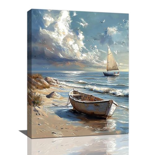 Sailboat Wall Art Ocean Sailboat Wall Decor Coastal Beach Canvas Print Blue Nautical Painting Modern Artwork Home Decorations for Batrhroom Bedroom Office Kitchen Living Room Framed 12"x16"