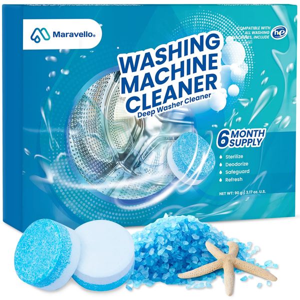 Maravello Washing Machine Cleaner, Washing Machine Cleaning Tablets for Front Load and Top Load Washers, Mold and Stain Remover for Laundry Tub 6-Month Supply (Sea Salt, 6 Count)