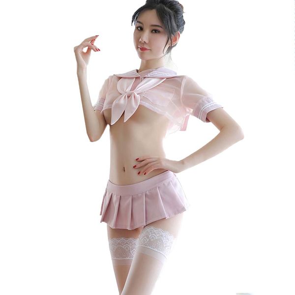 Kadila Womens School Girl Outfit See Through Lingerie Set Anime Cosplay Costume Sailor Shirt Pleated Mini Skirt Underwear Pink