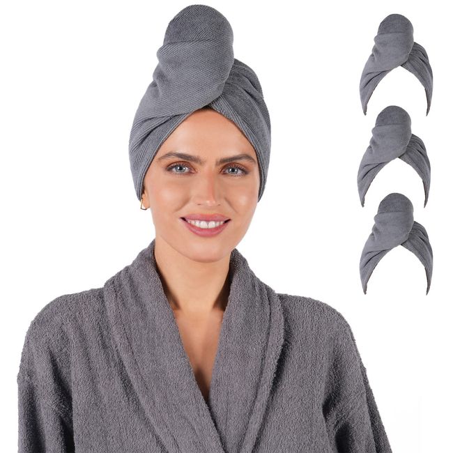 Brentfords Plain Microfibre Hair Wrap Soft Quick Drying Twist Hat Womens Head Absorbent Towel No Frizz Shower Cap Turban with Button, Charcoal Grey - 3 Pack