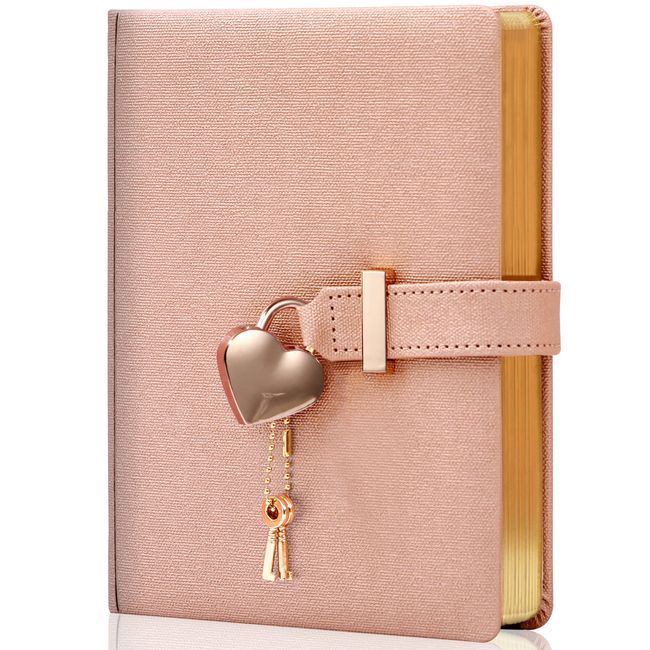 CAGIE Journal Heart Shape Personal Journal with Key Secret Notebook Gift for Girls B6 Notebook Size 13.5cmx17.8cm (Color:Champagne)