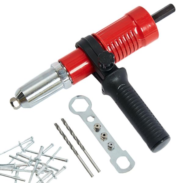 Riveter Pro Rivet Gun Rivet Gun Electric Riveter 2.4mm 3.2mm 4.0mm 4.8mm Impact Rivet Drill Adapter Rivet Gun Nut Riveter Alloy Steel Hex Shaft Wireless DIY Aluminum Alloy Steel Wrench Included Red x Black (50 Rivets, 2 Drills)