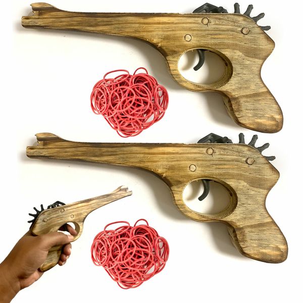 2 Wooden Rubber Band Gun Pistol 200ct Ammo Shooter Kids Cowboy Classic Gift Toy