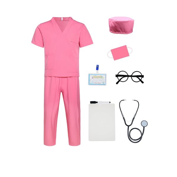 Cozymixx Doctor Costume for Kids - Doctor Scrubs Set and Role Play Kit, Pretend Play Dress Up for Career Role Play (Pink, 3-4T/110)