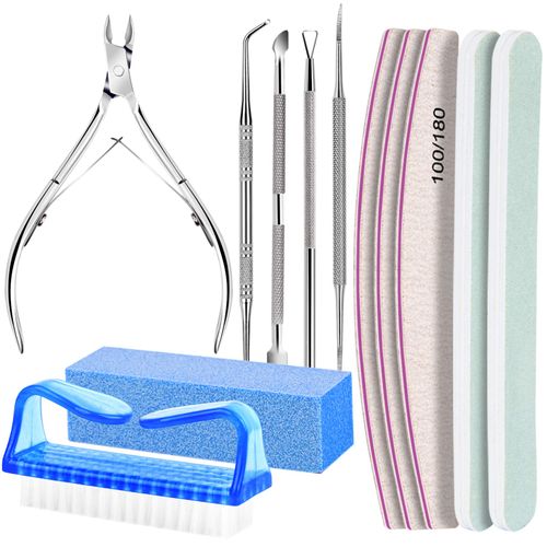 FANDAMEI 12 Pcs Nail Files Set, Cuticle Nippers with 100/180 Emery Boards Nail Buffer Block Kit Cuticle Pusher Toenail Lifter Cuticle Peeler Scraper Nail Brush for Manicure & Pedicure Tools, Blue