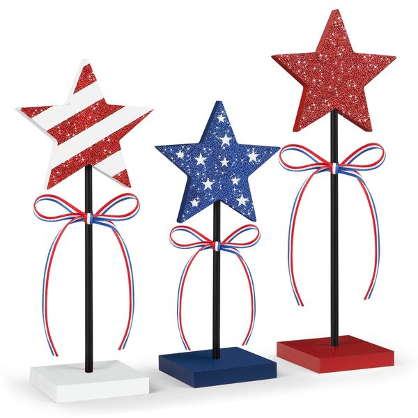 Labor Day Tiered Tray Decor Wooden Star Set, 3 Pcs Veterans Day Table Decorations, Rustic Patriotic Tabletop Home Decor, Red White and Blue Decorations for Celebration Home (Shiny)