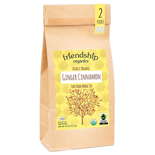 Friendship Organics Ginger Cinnamon Tea Bags, Organic and Fair Trade Herbal Tea 44 Count