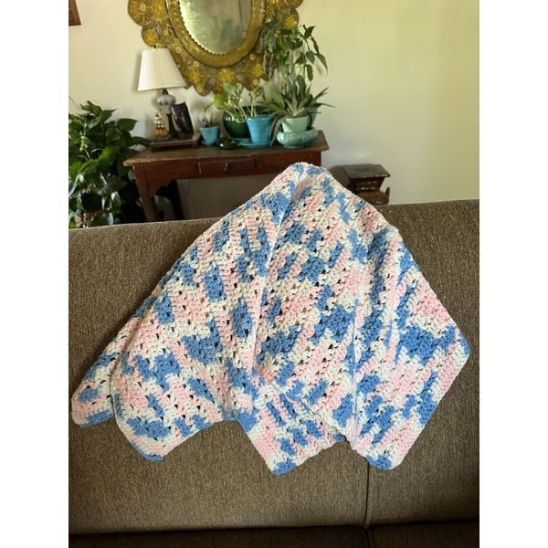 Vtg Granny Knit Afghan Crochet Blanket Blue Pink White 34x34 Baby Crib Handmade