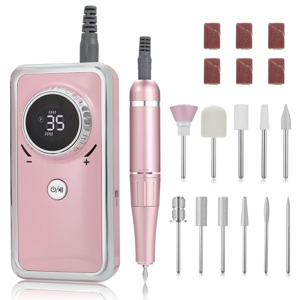 Electric Nail Drill Professional, 35000RPM Portable Efile Nail Drill with 11Pcs Nail Drill Bits, Rechargeable Nail Drill Machine with LCD Display for Acrylic Nail Remove Gel Polish for Home Salon Use