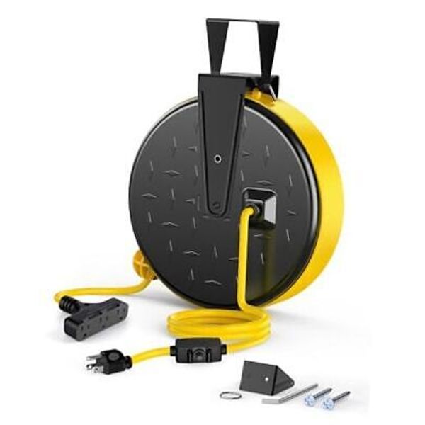 30 Ft Retractable Extension Cord Reel, Ceiling/Wall Mount 16/3 Black/Yellow