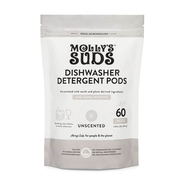 Molly's Suds Dishwasher Pods | Natural Dishwasher Detergent, Cuts Grease & Rinses Clean (Residue-Free) for Sparkling Dishes | 60 Auto-Release Tabs (Unscented)