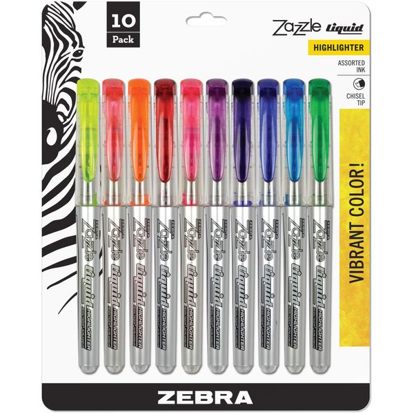 Zebra Pen Zazzle Liquid Ink Highlighter, Chisel Tip, Assorted Colors, 10-Count