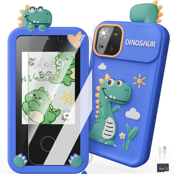 Kids Smart Phone Toys for Boys,Dinosaurs Gift Toys for Boys Ages 3-9 Christmas Birthday Gifts Mini Smart Phone Toys with 2.8" Touchscreen 16 Learning Games Dual Camera Music Player, 8G SD Card