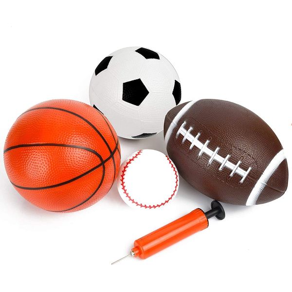 Amarlozn Sports Balls Set, Inflatable 6" Football 6" Basketball 8.5" Rugby 3" Baseball for Kids Adults, Beach Pool Playground Indoor Outdoor Hoop Fun, with Pump, 4 PCS