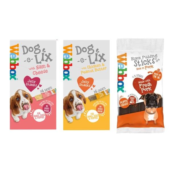 VARIETY PACK DOG E LIX CHICKEN & HAM- DOG E LIX PEANUT BUTTER- WITH BLACK PUDDING STICKS