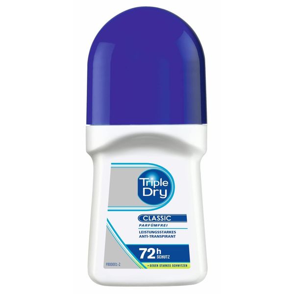 Triple Dry Anti-Transpirant Roll-On, 50 ml, Deoroller gegen starkes Schwitzen, antibakterielles Deodorant für 72 h Schutz, parfümfreies Antiperspirant