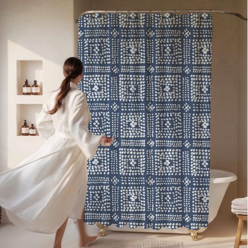 Worthwhile Goods Modern Blue Shibori Print Shower Curtain - Boho Geometric Dot Pattern - Mudcloth Design - Decorative Fabric Shower Curtain for Any Bathroom - 72x72 Inches (Shibori)