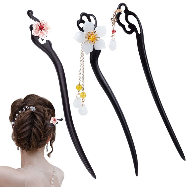 WEBEEDY 3 Stück Chinesischer Haarstab Vintage Blume Haarstab Japanischer Holzstäbchen für Frauen Mädchen Haar Styling Haar Zubehör Haarnadel mit Quaste