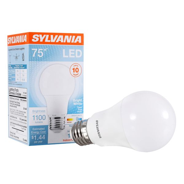 SYLVANIA LED Light Bulb, 75W Equivalent A19, Efficient 12W, Medium Base, Frosted Finish, 1100 Lumens, Bright White - 1 Pack (78096)