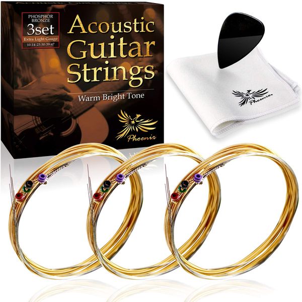 Phoenix Acoustic Guitar Strings Phosphor_BRONZE Warm Bright Tone 3 Set, Clear Sound, Donshari Feel, Color Coded Pole End, Cleaning Cloth & Pick Included (Extra Light)