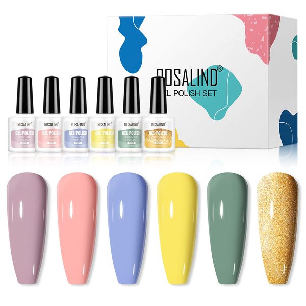 ROSALIND Gel Polish Set 6 colors 10ml Soak Off Colorful Gel Nail Polish Kit Nail Art Design for Nail Salon or DIY at Home Beauty Gift Set Cured with LED/UV Lamp (D)