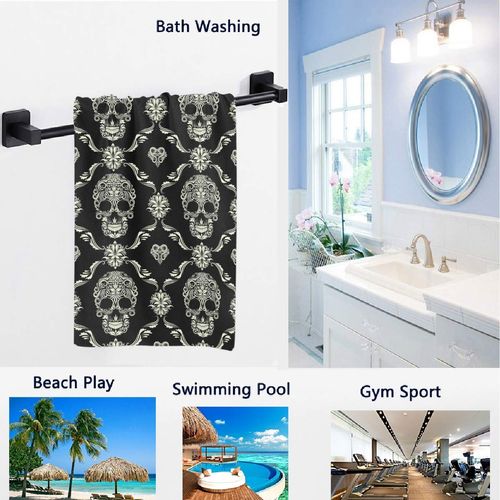 Naanle Chic Skull Ornamental Pattern Soft Bath Towel Large Hand Towels Multipurpose for Bathroom, Hotel, Gym and Spa (16" x 30",Floral Black)