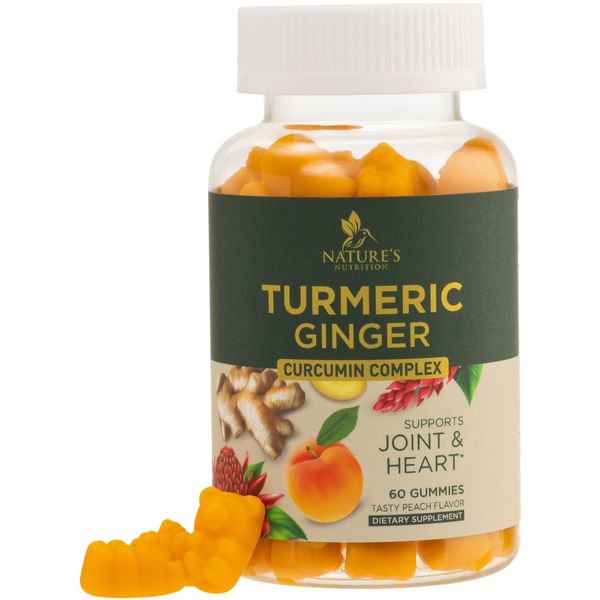 Turmeric Curcumin with Black Pepper Extract & Ginger Gummies, High Absorption Potent 95% Curcuminoids Turmeric Supplement, Nature's Tumeric Curcuma Gummy Pills, Joint Support Capsules - 60 Gummies