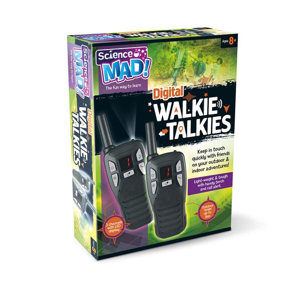 Science Mad Digital Walkie Talkies For Kids - For Fun Indoor and Outdoor Explorations - Features Portable, Lightweight, 3 Channels, 3km Range, Alerts, Night Light, LED Display, 6+ Years