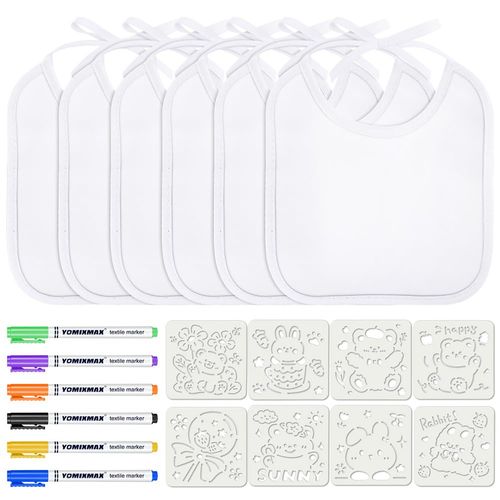 Aolso Baby Bibs for Painting, 6 Pieces Baby White Bibs, Waterproof Bibs for Baby with 6 Textile Pens and 8 Painting Stencils, Gift for Baby Shower Party, Drool Bib (18 x 18cm)