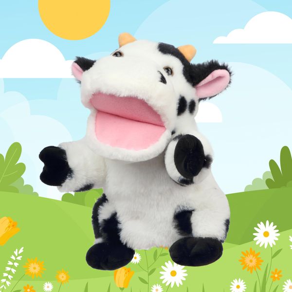 Easfan Cow Hand Puppet with Movable Mouth Interactive Storytelling Cute Soft Cow Plush Toy Creativity and Imagination Christmas Birthday Gifts for Toddlers Kids,9’’