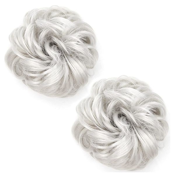 2Pcs Messy Hair Bun Hair Piece Scrunchy Hair Bun Pieces Extension Curly Wavy Rubber Band Elastic Scrunchie Ponytail Hair Accessories (Silver gray)