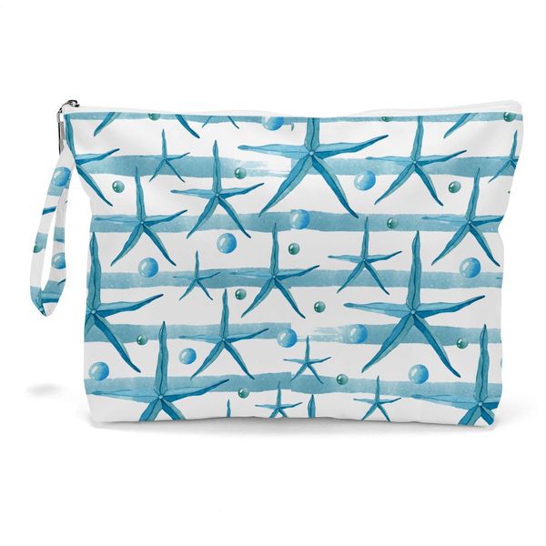 Makeup Bag, Toiletry Bag, Waterproof Large Capacity Travel Cosmetic Bag, Zipper Pouch for Women, Girls, Mom, Sister, Friends, Wet Bag, Baby Diaper Bag, Ocean Sea Shells Beach Starfish Décor