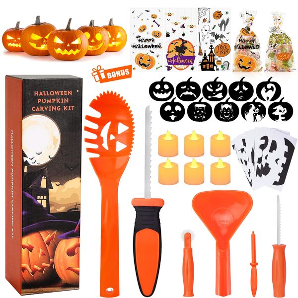 SKINOSM Pumpkin Carving Kit for Kids, 6 Easy Halloween Pumpkin Carving Tools Set, 6 LED Candles, 10 Carving Stencils & 20 Halloween Cellophane Candy Bags