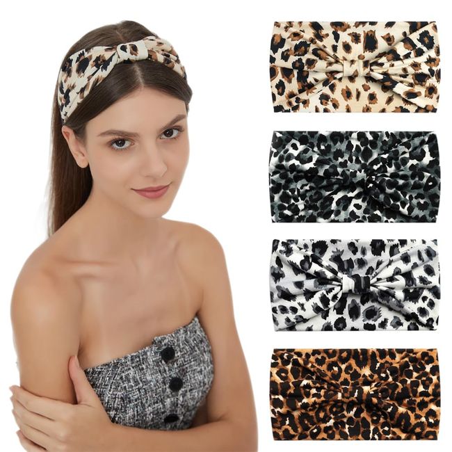 4Pcs Bandana Hairbands Boho Hair Accessories Adult Women Vintage Wide Headbands for Women Twist Elastic Turban Non Slip Hair Scarf (4Leopard)